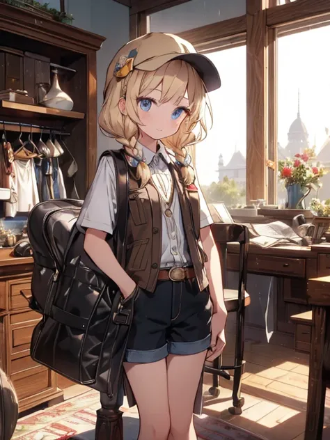 masterpiece, highest quality, Very detailed, 16k, Ultra-high resolution, Cowboy Shot, One  girl, Detailed face, Perfect Fingers, Golden Eyes, Blonde, Braid, A vest with many pockets, Shorts, Exploring knife, Safari Hat, compass, telescope, map, A cluttered...