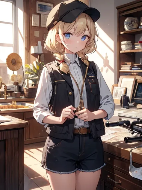 masterpiece, highest quality, Very detailed, 16k, Ultra-high resolution, Cowboy Shot, One  girl, Detailed face, Perfect Fingers, Golden Eyes, Blonde, Braid, A vest with many pockets, Shorts, Exploring knife, Safari Hat, compass, telescope, map, A cluttered...