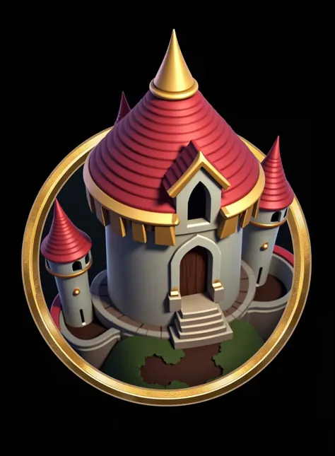 a close up of a castle with a red roof and a gold rim, game icon asset, game icon stylized, castle background, castle core, wizard tower, mage tower far away, turrets, super detailed image, epic legends game icon, located in a castle, fantasy castle, the g...