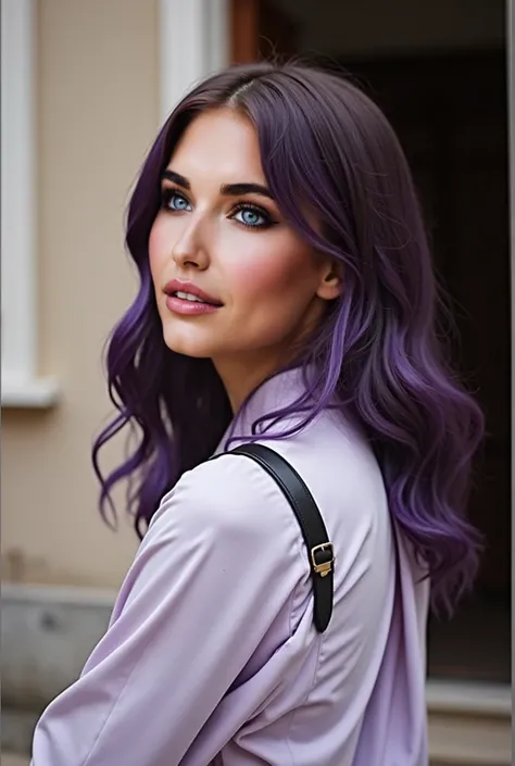 ( masterpiece ,  anatomy,  photography,  realistic , high resolution), Beautiful girl with light eyes from 23 to 26 ,  with long purple hair wavy on her shoulders,  big breasts, tattoos,  beautiful face , beautiful butt , Miranda Angelical ,  Beautiful leg...