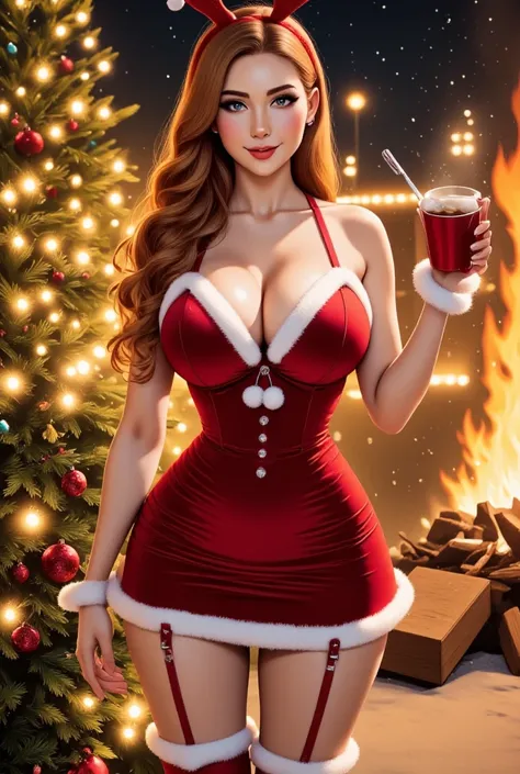 Anime dynamic Illustration, In a charming, snow-dusted village, a radiant woman named Mariela a crackling bonfire, lying on the ground, sexy christmas babe, wide hips and narrow waist, spreading festive cheer. Her long auburn hair cascades over her shoulde...