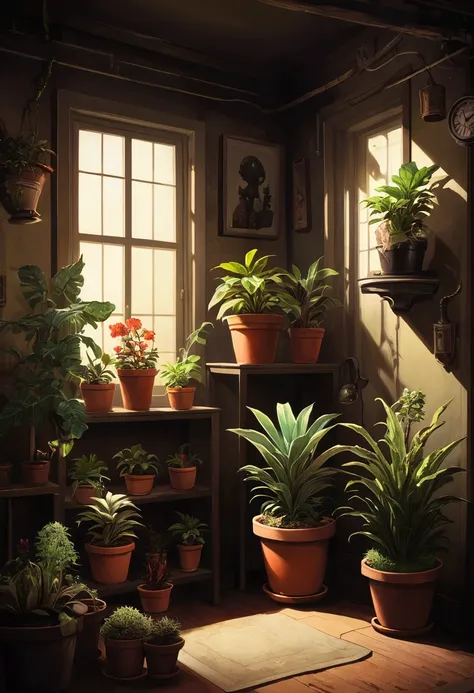 Potted plants in the horror themed room 