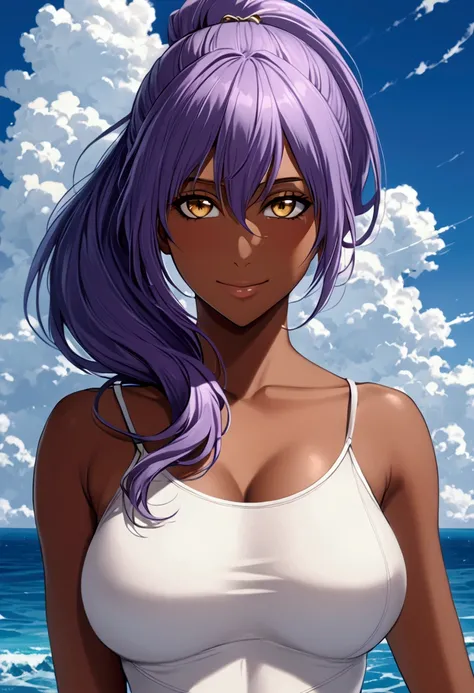 masterpiece,best quality,extreme detail,8k,yoru2,1girl,solo,long hair,breasts,smile,bare shoulders,yellow eyes,ponytail,purple hair,sky,day,cloud,dark skin,leotard,dark-skinned female,ocean,