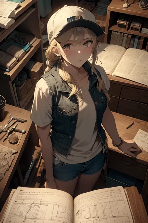 (from above:1.2,Best Quality),a girl , platinum color hair、masterpiece, highest quality, Very detailed, 16k, Ultra-high resolution, Cowboy Shot, One  girl, Detailed face, Perfect Fingers, Golden Eyes, Blonde, Braid, A vest with many pockets, Shorts, Explor...