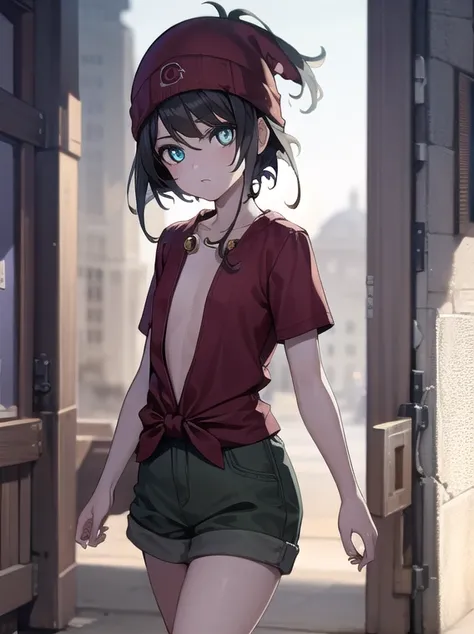 pokemonselene, pokemonselene, black hair, blue eyes, short hair, bangs, blunt bangs, (small breasts:1.2),
BREAK beanie, collarbone, green shorts, hat, red headwear, shirt, short sleeves, shorts, tied shirt, yellow shirt,
BREAK looking at viewer, upper body...