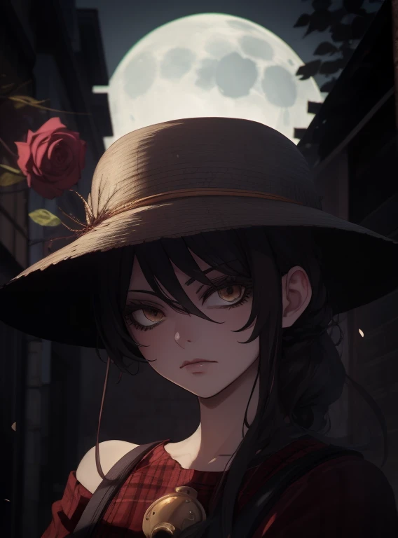  is an anime in a retro style from the nineties , movie poster:1.2,  soft moonlight ,  raised a dramatic angle :1.25, one:1.4, 1 girl,   dark white hair , square, brown eyes, Arrogant smile, street в крепости straw hat,  red plaid shirt , Barbed roses , lo...