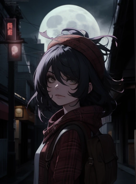  is an anime in a retro style from the nineties , movie poster:1.2,  soft moonlight ,  raised a dramatic angle :1.25, one:1.4, 1 girl,   dark white hair , square, brown eyes, Arrogant smile, street в крепости straw hat,  red plaid shirt , Barbed roses , lo...