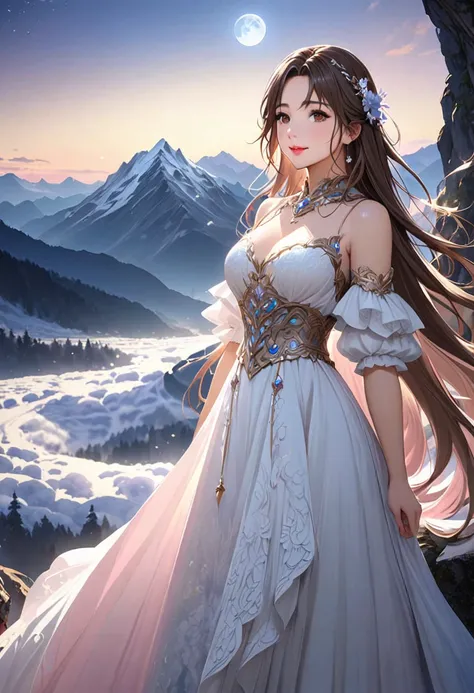 (moon:1.2), (mountain:1.3), (Beauty:1.2), (  knight :1.3),  (Poetry  ), moonの光がmountain頂に降り注ぐ,  A beautiful woman is standing alone on the top of the mountain,   Anatomically accurate and beautiful figure ,   beautiful brown eyes, Beautiful pink lips,  She...