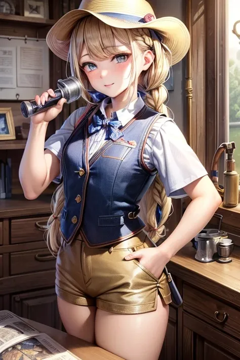 masterpiece, highest quality, Very detailed, 16k, Ultra-high resolution, Cowboy Shot, One  girl, Detailed face, Perfect Fingers, Golden Eyes, Blonde, Braid, A vest with many pockets, Shorts, Exploring knife, Safari Hat, compass, telescope, map, A cluttered...