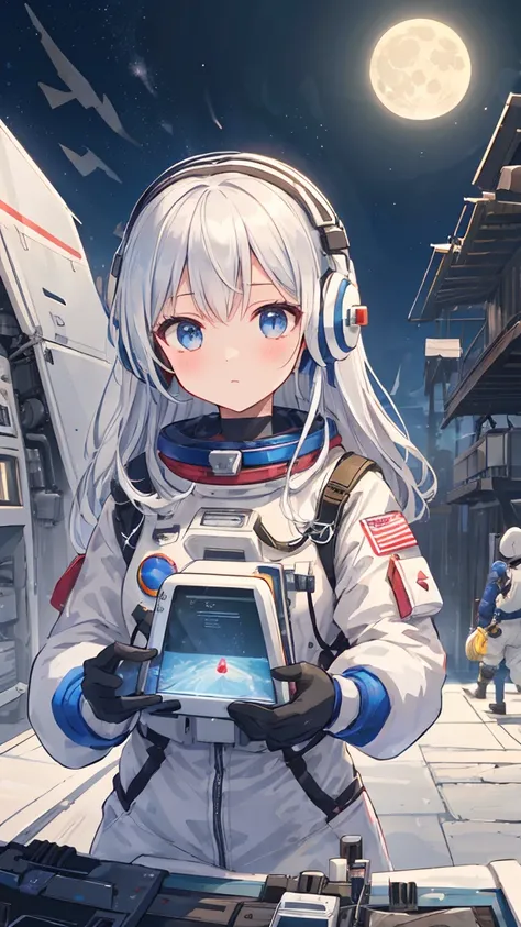 masterpiece, Highest quality, high resolution, newest, 2girls, friends, (group shot):5, (upper body):5, kyoto animation style, detailed, BREAK lunar base interior and exterior, moon surface exploration, lunar landscape, BREAK (white and black mechanical sp...