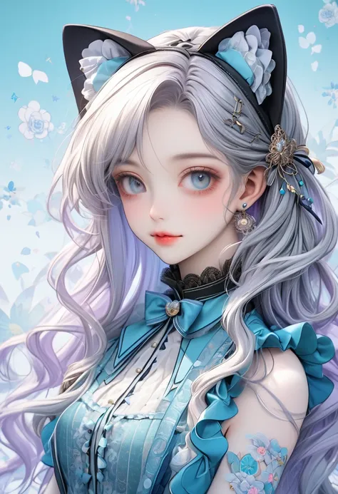 1 cute girl with cat ear and cat tail, ligne claire, contour deepening beautiful detailed glow, by famous artist,  head tilt, long white hair, curly hair, Air bangs, Grey hair, beautiful detailed hair, Beautiful face, ^ ^, lovely big eyes, flat chest,   ze...