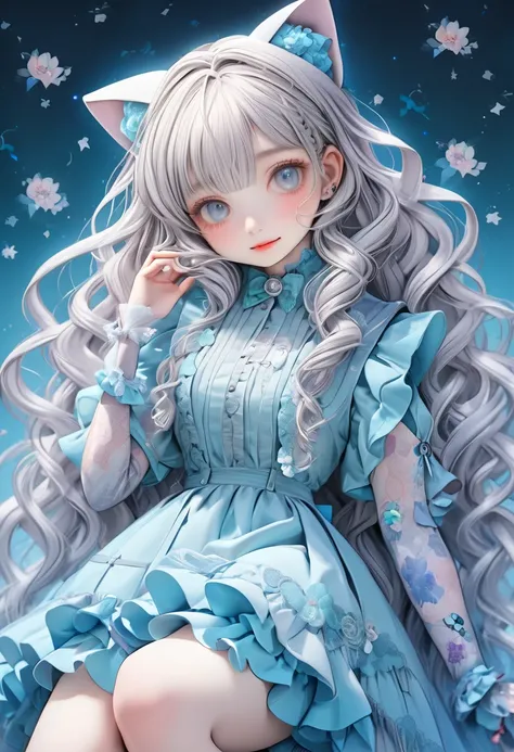 1 cute girl with cat ear and cat tail, ligne claire, contour deepening beautiful detailed glow, by famous artist,  head tilt, long white hair, curly hair, Air bangs, Grey hair, beautiful detailed hair, Beautiful face, ^ ^, lovely big eyes, flat chest,   ze...