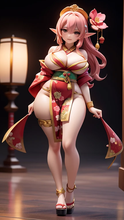 8k 2.5D Japanese comic character style Beautiful Elf oiran girl wearing a red and gold oiran costume, playing her unconventional heavy big bust, swinging her sensual big hips from side to side and walking like a runway in a fashion show