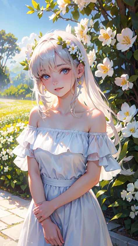 Best quality, masterpiece, ultra high res, (photorealistic:1.4), raw photo, 1girl, white dress, off shoulder, blossom flower field, glowing skin, light smile