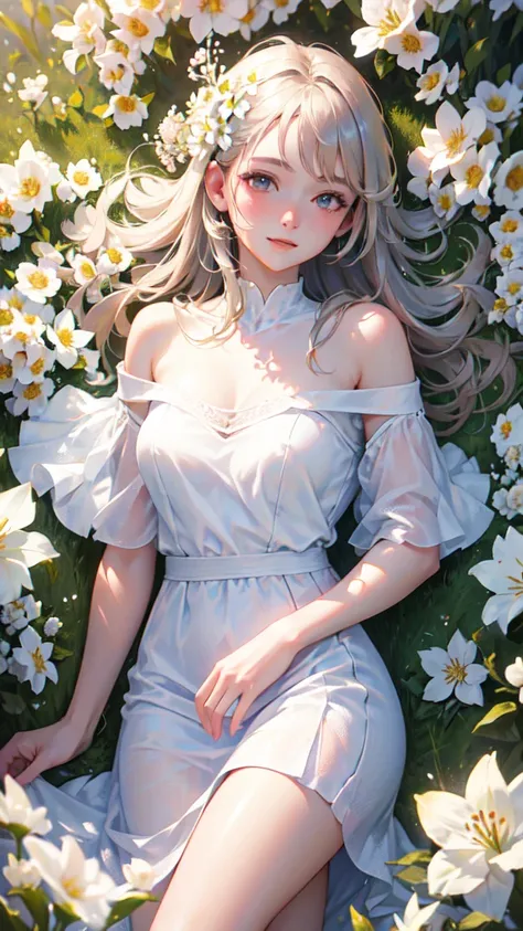 Best quality, masterpiece, ultra high res, (photorealistic:1.4), raw photo, 1girl, white dress, off shoulder, blossom flower field, glowing skin, light smile