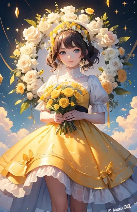 ((highest quality)), ((masterpiece)), (Get used to it), Perfect Face , beautiful girl , Princess , yellow , bouquet ,