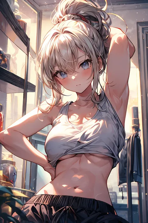 masterpiece、highest quality、Very detailed、An illustration、Beautiful fine details、One Girl、cute、Detailed landscape、Training Room Background:1.4、Platinum Blonde Hair、Braided Ponytail、Red camisole、((D cup breasts, Tank top showing underboob:1.3))