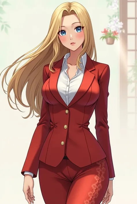 Physically fit adult woman with long blond hair and big breasts wearing a long-sleeved uniform from a Japanese coffee shop anime version