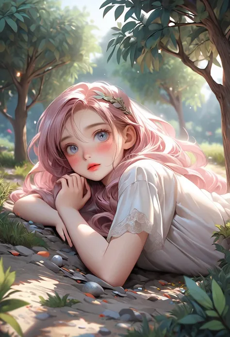 Fantasic Illustration, Masterpiece: 1.2, Highest Quality, Highres, 16k, Beautiful Detailed, Ultra-Realistic, Photo Realistic: 1.37, beautiful and cute girl,  wearing feathers:1.3, buried in feathers:1.2, lying down in the covered with feathers shade of a t...