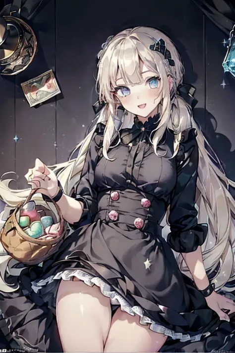 (perky chest:1.2), (pointed chest:1.2),(((Black Tunic:1.3))),(((cakes and bread in the basket),Cute and beautiful girl,Cute round face,Cute smile,with blush cheeks,Red Lip,a girl 22 years old, nsfw:1.2, beautiful body:1.3), shinny skin, BREAK, ((alice in t...