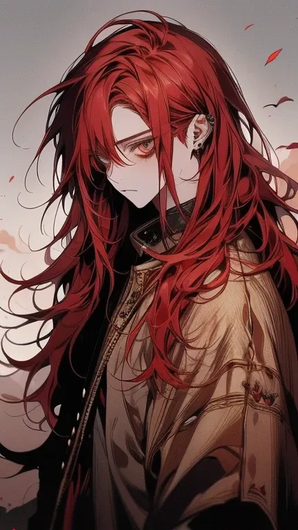 ((8k, masterpiece, high quality)) 1boy, young male, beautiful boy, solo, red hair, very red hair, long hair, shaggy hair, golden eyes, expressive eyes, white skin, standing still, highly detailed, digital photography, artistic gem, skinny