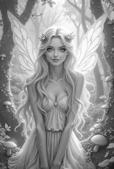 COLORING BOOK STYLE, BLACK AND WHITE AND CLEAR LINES, high quality, detailed, beautiful fairy, long blonde hair, smiling, detailed face, detailed eyes, detailed lips, sparkling wings, magical forest background, fantasy, digital art, concept art, photoreali...