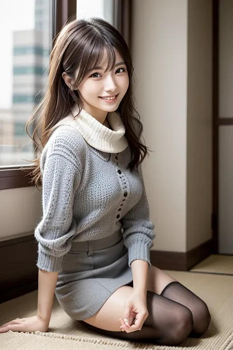   woman sitting on the floor wearing a skirt and scarf,   nice, Japanese model woman 、 Fashion Model , beautiful, Frilled collar , Mute colored bodysuit and miniskirt, Elegant clothes, woman, Gorgeous woman, beautiful, light blue grey, Cheerful,  wearing e...