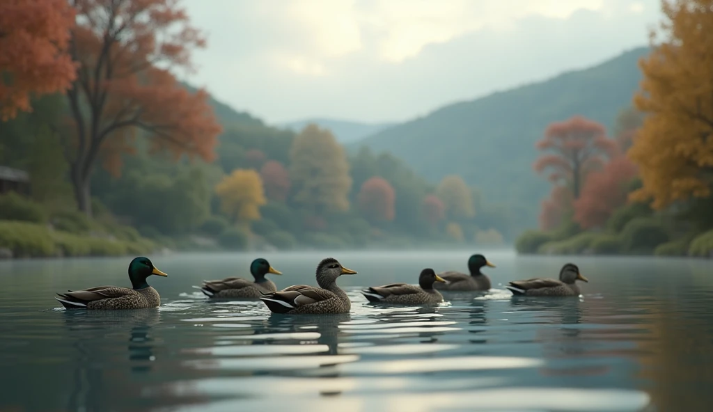 5 ducks swimming in lake,detailed photorealistic 3D animation,ultra high detailed,intricate detailed environment,beautiful serene landscape,calm water reflections,mature dappled lighting,lush foliage,moody cloudy sky,vibrant colors,cinematic composition