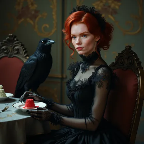 A red-haired, blue-eyed girl in a vintage gothic art style, sitting at a table dressed in a Victorian-inspired black dress with intricate lace detailing. She has her signature red hair styled elegantly and blue eyes, giving her a mysterious and haunting ex...