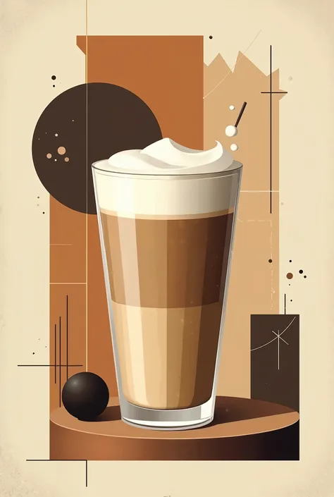 A cubist-inspired poster for a Latte. The drink is divided into geometric forms, with overlapping rectangles in light brown, tan, and cream. The milk and coffee are separated into blocks of color, reflecting the blend of flavors. The background consists of...