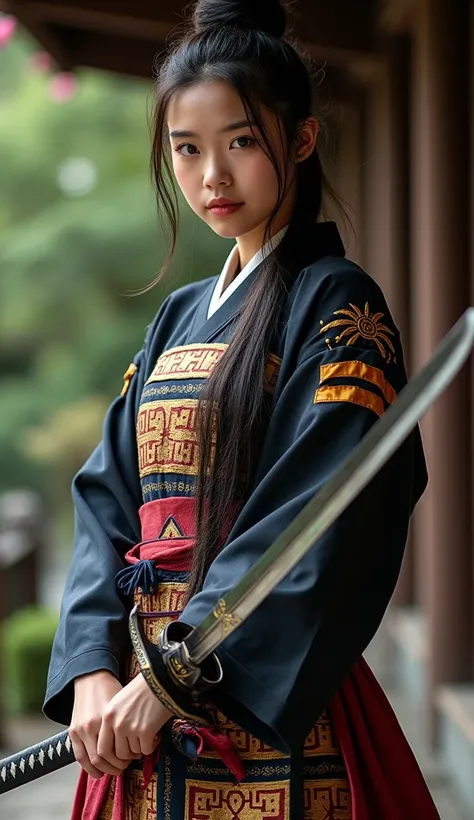  A woman dressed as a samurai、Age 19、Beauty、 brown skin、 uniform、uniform、 holding a Japanese sword、