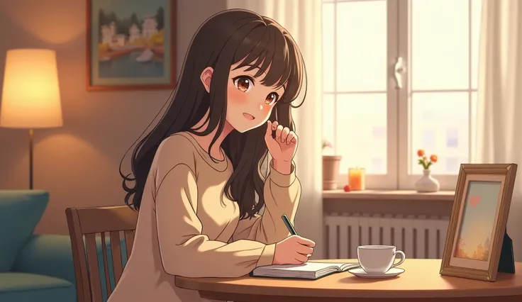 anime style:
 living room with soft, neutral colors and comfortable furniture. The young woman, with long, wavy hair and a friendly, inviting smile, is sitting at a small table with a cup of tea and a notebook. She is dressed in the same cozy, cream-colore...