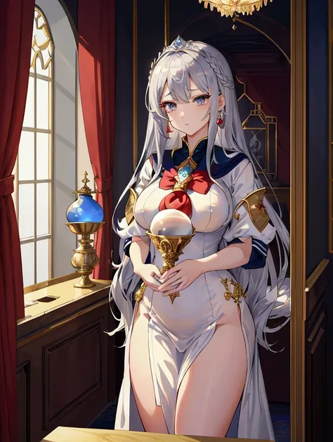  top quality, masterpiece,  super high resolution, Castle Room、female、Large busty、美少female、Medium、 Bakudai round rocket milk 、Hourglass body type、 long silver hair、aldult、princess、The expression of lack of sleep 、 wears a sailor suit under the eyes 、Bad co...