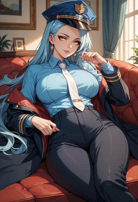 Score_9,Score_8_up,Score_7_up, Score_6_up,  source _anime, 1mature_FE, only 1 woman,  lying on a blue sofa,  flirty look,  light blue hair , very long hair , fine ironed hair ,  officers hat ,  yellow eyes ,  blue shirt with sleeves , white tie, black coat...