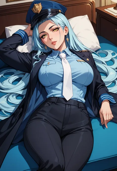 Score_9,Score_8_up,Score_7_up, Score_6_up,  source _anime, 1mature_FE, only 1 woman,  lying on a blue sofa,  flirty look,  light blue hair , very long hair , fine ironed hair ,  officers hat ,  yellow eyes ,  blue shirt with sleeves , white tie, black coat...