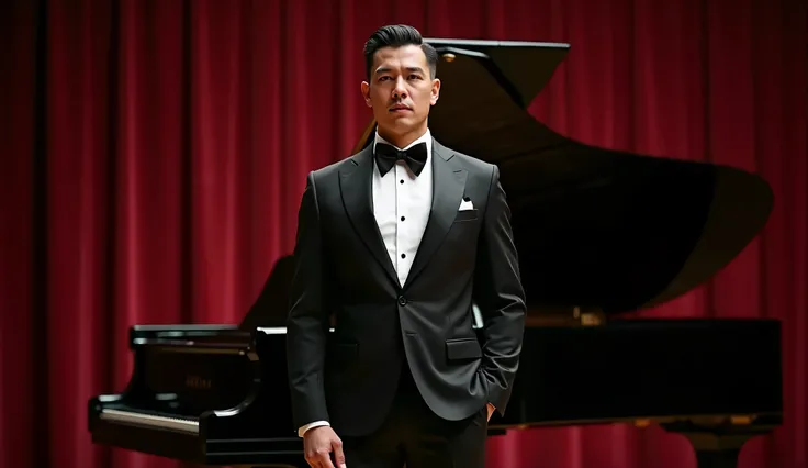 A man in a tuxedo standing on the stage of a concert hall, with a grand piano on the stage and a dark red curtain, handsome man, handsome man, handsome man, inspired by Ramon Pichot, handsome and elegant, handsome and handsome, handsome and handsome, hands...