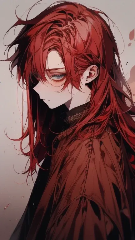 ((8k, masterpiece, high quality)) 1boy, young male, beautiful boy, solo, red hair, very red hair, long hair, shaggy hair, golden eyes, expressive eyes, white skin, standing still, highly detailed, digital photography, artistic gem, skinny