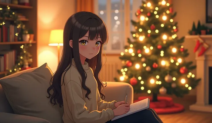 anime style:
A cozy, well-lit living room with neutral colors and comfortable furniture, accented with Christmas decorations. A young woman with long, wavy hair and a friendly, inviting smile is sitting on a plush, beige sofa. She is dressed in a cozy, cre...