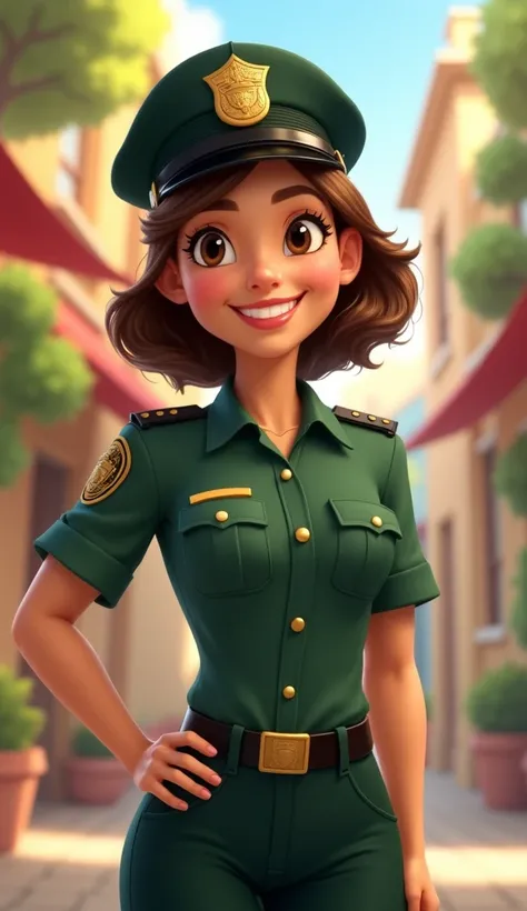 Generate female police officer in full olive green uniform from head to shoes in Disney version