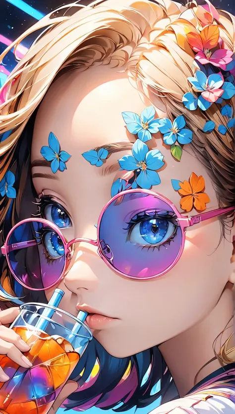  touch of Eguchi Hisashi. A cool and cute anime style illustration of a woman looking forward and looking up. drinking a kombucha through a straw He has beautiful eyes and thin sunglasses. Her hair is black and decorated with mushrooms and zetas, the woman...