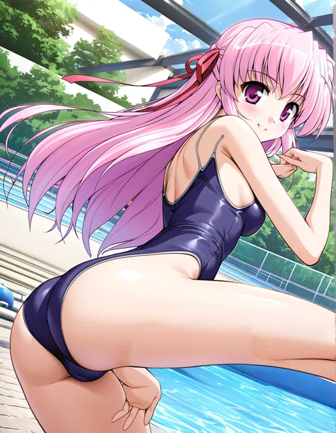 Ester Freesia, (cowboy shot),  pink hair,  hair ribbon,  long hair, purple eyes,  pink eyes,  jewelry,  small breasts,  cleavage,  pretty butt, (High-cut school swimsuit:1.3), (Ultra high leg swimsuit:1.5), ( Sexy Poses :1.2), (Red cheeks:1.2), ( bright sm...