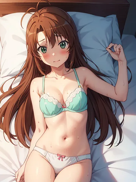 (masutepiece, Best Quality, hight resolution, nffsw, Perfect Pixel, depth of fields, 4K), Beautiful anime girl, Perfect body ,,,koshigaya_komari_nonnonbiyori, brown_hair, long_hair, green_eyes, antenna_hair, bangs,  , anime coloring, (white bra) (white pan...