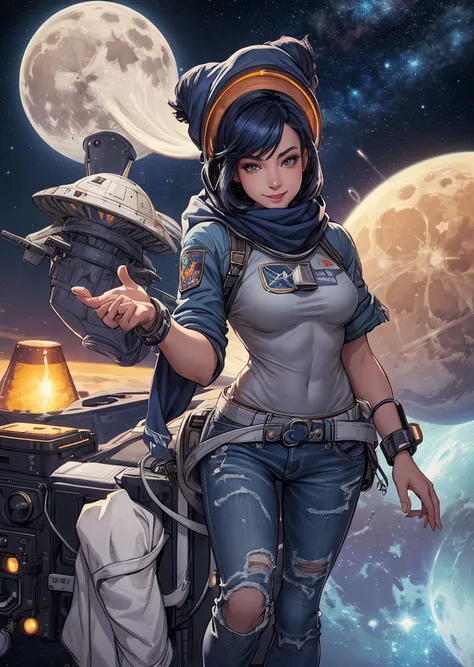 best quality, high resolution, distinct image, concept art, night sky, stars, moon, girl, smile, hair, eyes, mouth, hands, feet, clothing, jeans, t-shirt, scarf, hat, space, spaceship, spacesuit, astronaut, planet, galaxy, beautiful, cute, cozy, natural, d...