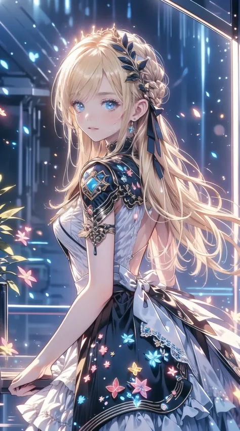  1 girl,  video game character ,  high definition,  beautiful face,  Elegant Dress ,  long blond hair ,  blue eyes,  Detailed Jewels ,  crowns,  Fantasy Medieval Stage , In the city, Splendid architecture,  sunlight shining through a window , Magical Energ...