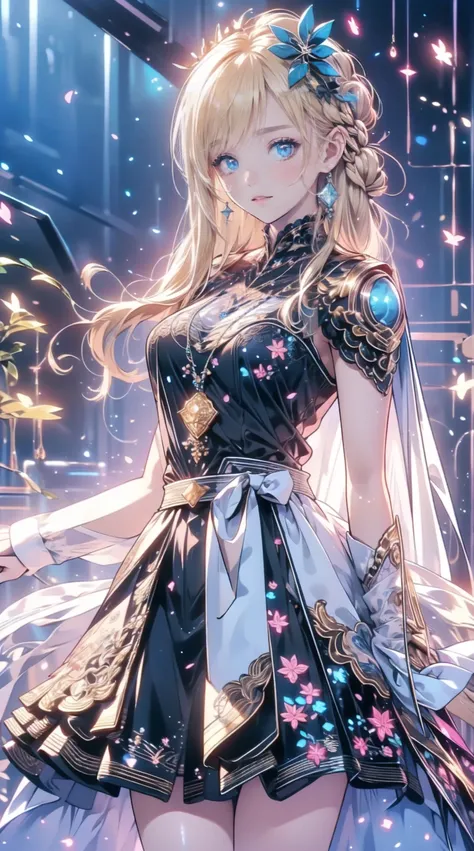  1 girl,  video game character ,  high definition,  beautiful face,  Elegant Dress ,  long blond hair ,  blue eyes,  Detailed Jewels ,  crowns,  Fantasy Medieval Stage , In the city, Splendid architecture,  sunlight shining through a window , Magical Energ...