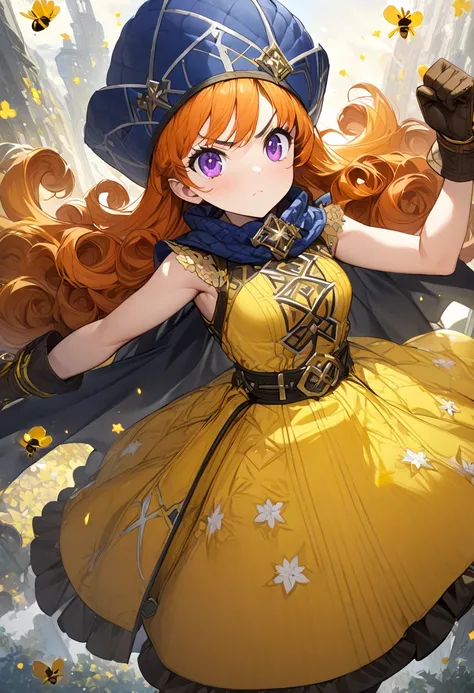  1 girl,Alone,dq4-Arena, long hair,Purple eyes, orange hair, sleeveless, black pantyhose,yellow dress, yellow skirt ,belt,Cape, curly hair , gloves, dynamic pose with bumblebees, small breasts, blue headwear ,  boots,(Sparkling,Sparkling dress:1.1)jumping,...