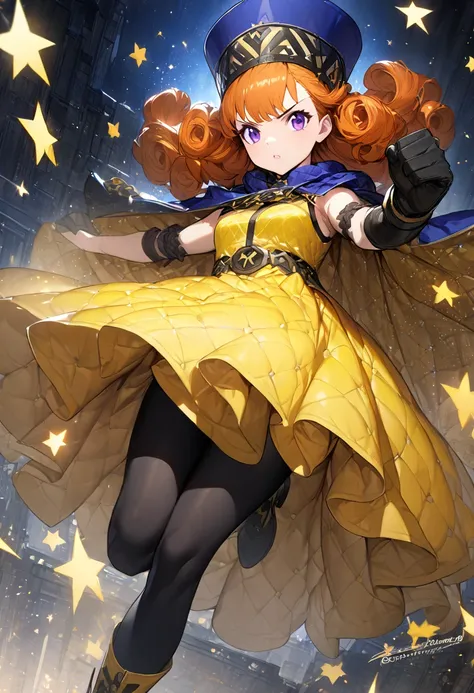  1 girl,Alone,dq4-Arena, long hair,Purple eyes, orange hair, sleeveless, black pantyhose,yellow dress, yellow skirt ,belt,Cape, curly hair , gloves, dynamic pose with bumblebees, small breasts, blue headwear ,  boots,(Sparkling,Sparkling dress:1.1)jumping,...