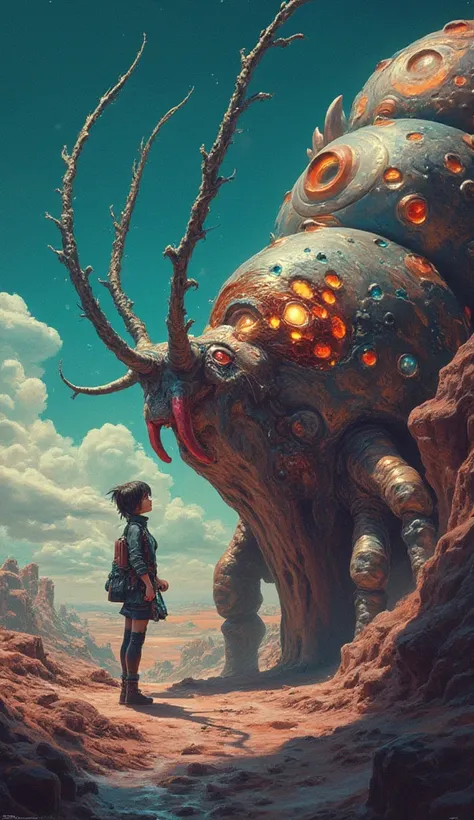 ((masterpiece)), highly detailed, digital illustration, a young girl standing on a vast, alien landscape, interacting with a gigantic snail with glowing patterns on its shell, the snail’s antennae waving gently as it gazes at her, surreal and dreamlike atm...