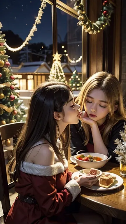 (  masterpieces during breakfast , top quality,  top quality,  official art, beautiful、 and aesthetic:1.2),( two girls、キスをしている two girls:1.2)、A fair-skinned woman with long blond hair,  brown-skinned woman with half closed eyes, night、 Christmasのイルミネーション、S...