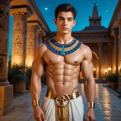 Young man, short hair,  brown eyes , Lean body,  defined muscles ,  toned body ,  Egyptian priest ,  Egyptian clothes , night temple ,  outdoor, night, take the key,  holding a gold censer